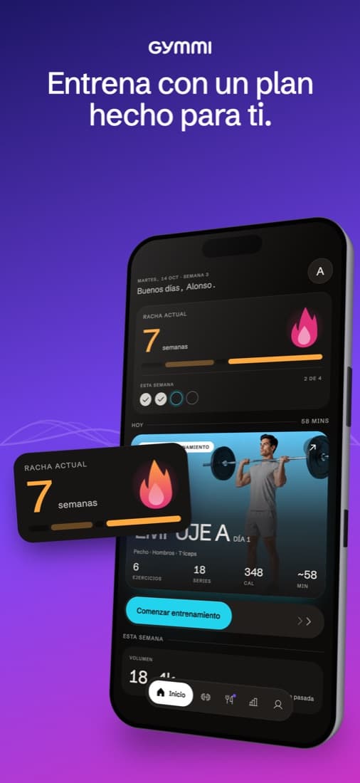 Captura de Gymmi en App Store: Entrena con un plan hecho para ti.