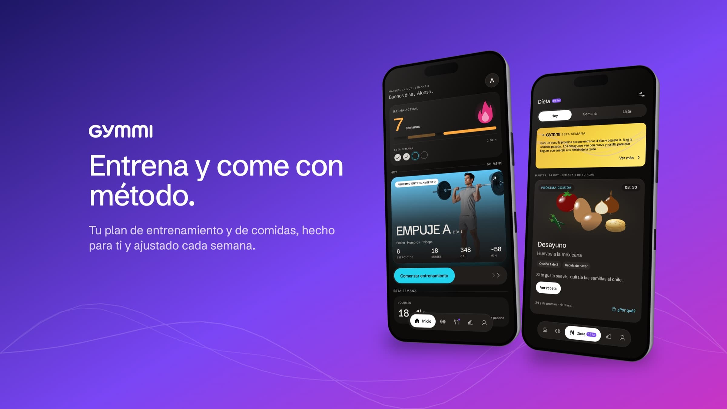 Gymmi: entrena y come con método. Dos iPhone con la pantalla de inicio y el plan de comidas.