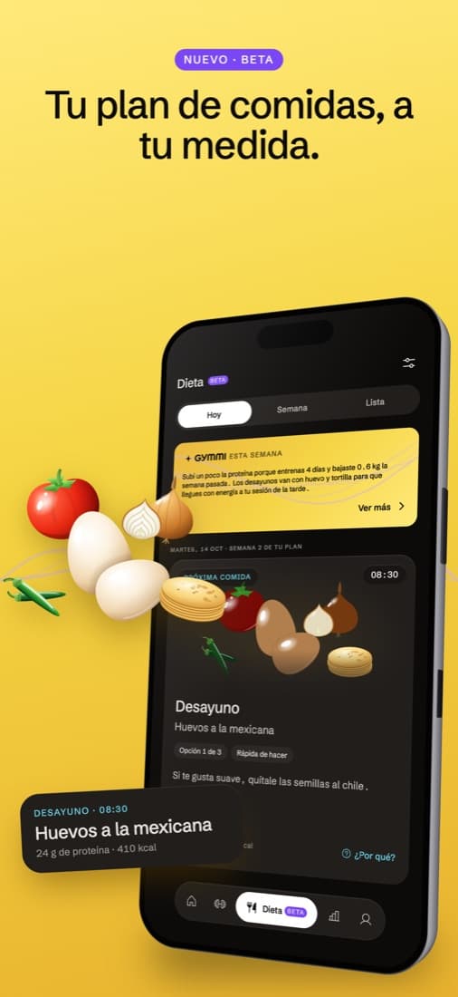 Captura de Gymmi en App Store: Tu plan de comidas, a tu medida.