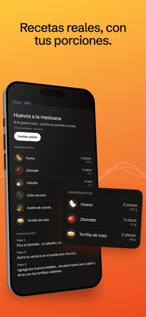 Captura de Gymmi en App Store: Recetas reales, con tus porciones.