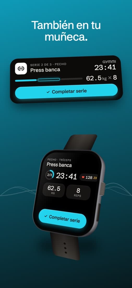 Captura de Gymmi en App Store: También en tu muñeca, en Apple Watch.